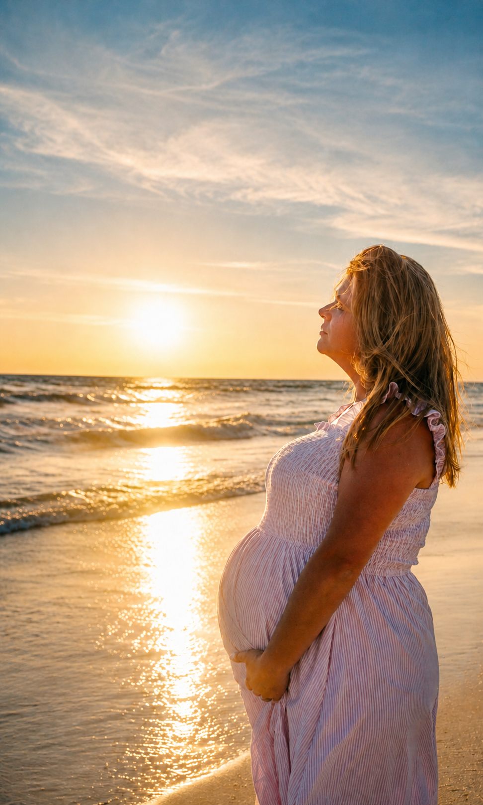 Pregnant woman in a pink dress standing beside the surf at sunset by Miranda Rae Photography